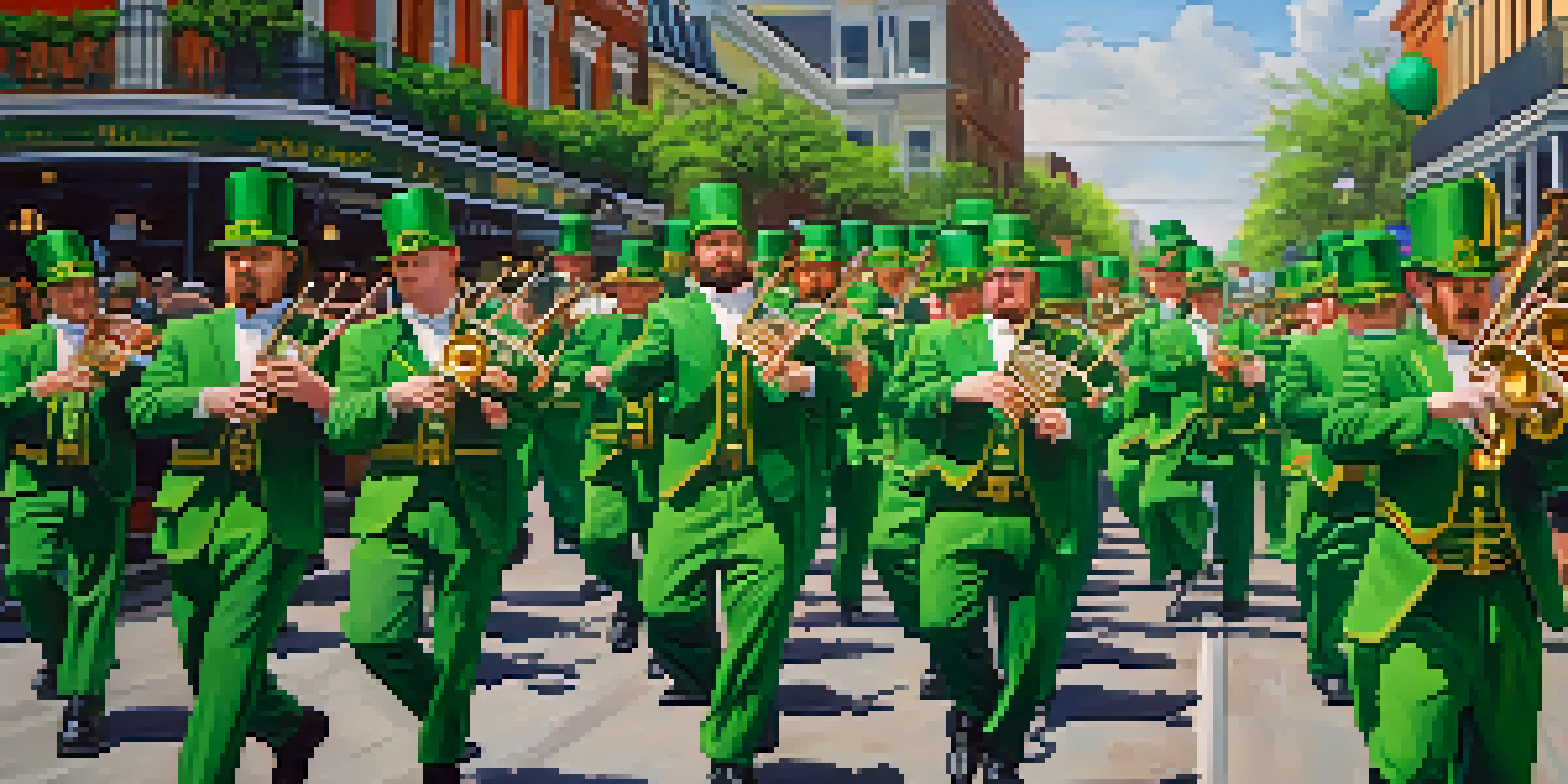 A lively St. Patrick's Day parade in New Orleans with colorful floats, people in green attire, and musicians playing traditional Irish instruments.