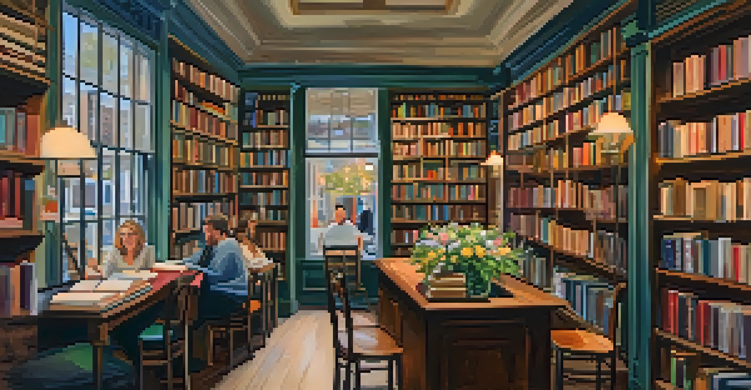 A cozy independent bookstore in New Orleans, filled with books by local authors and readers participating in a book signing event.