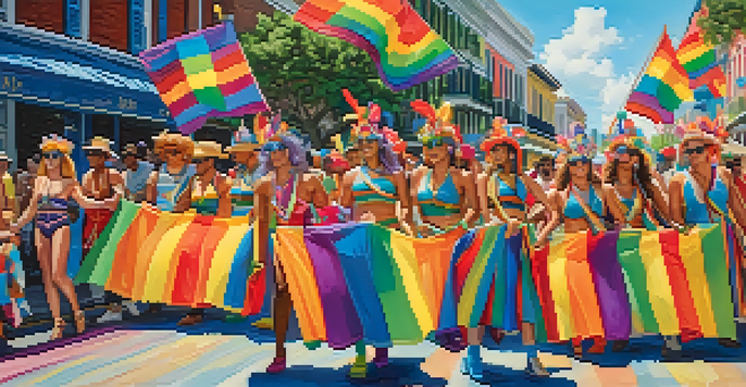 A lively Pride Parade in New Orleans featuring colorful floats and participants in elaborate costumes, celebrating diversity and love.