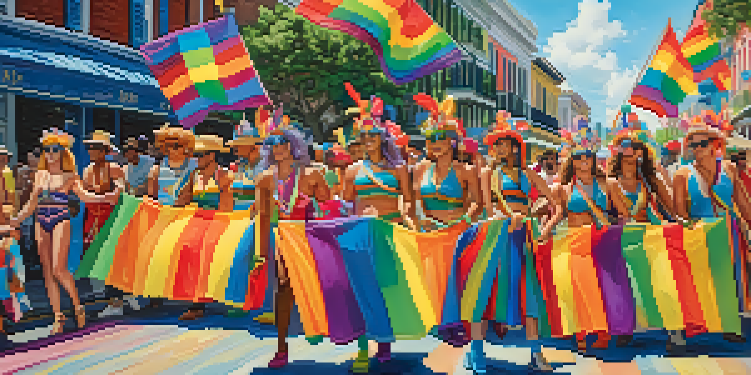 A lively Pride Parade in New Orleans featuring colorful floats and participants in elaborate costumes, celebrating diversity and love.