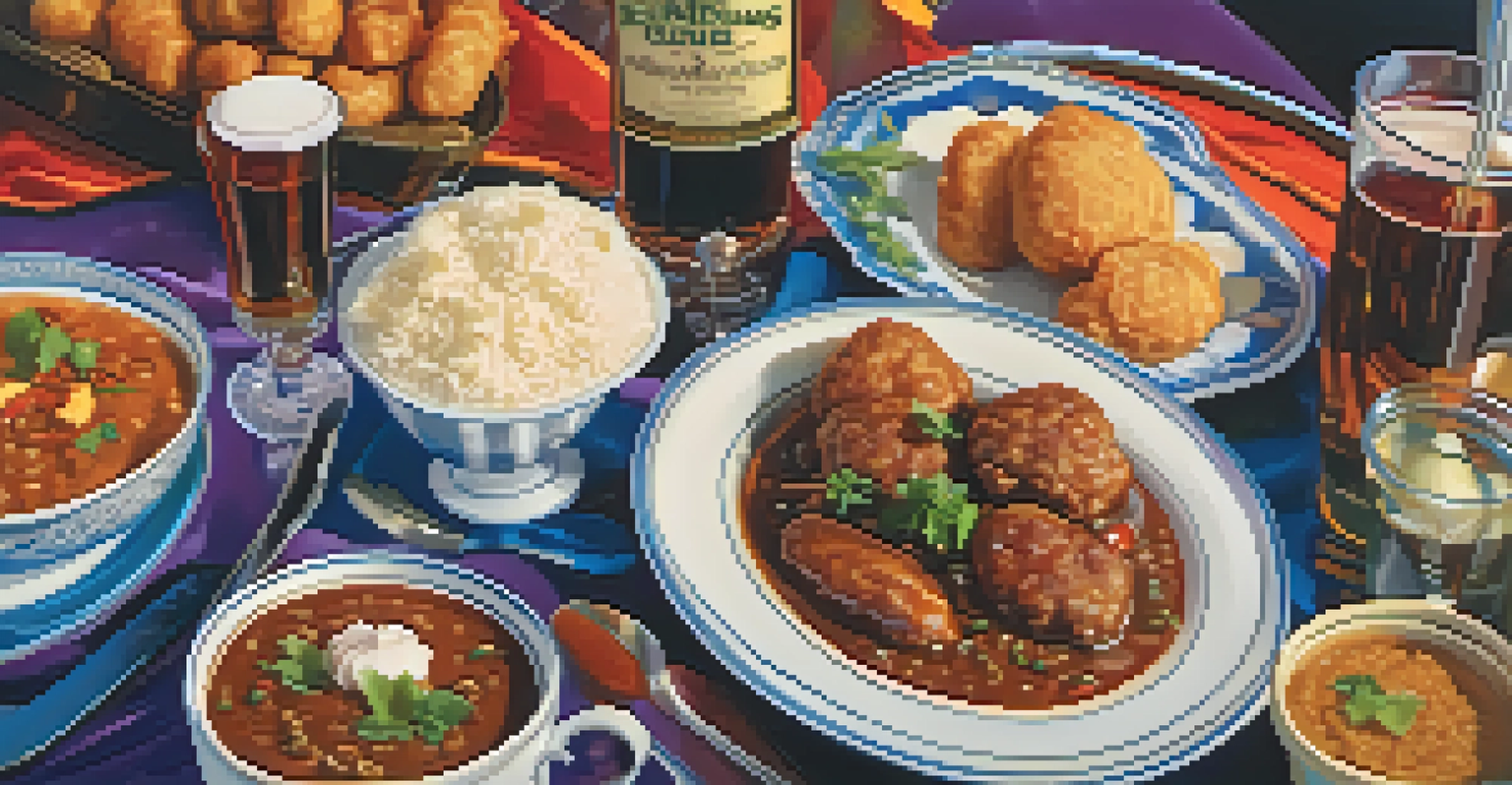 A close-up of traditional New Orleans food, including gumbo and beignets, with jazz musicians performing in the background.