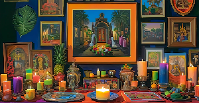 A colorful Voodoo altar in New Orleans decorated with candles, ancestor photos, and offerings.