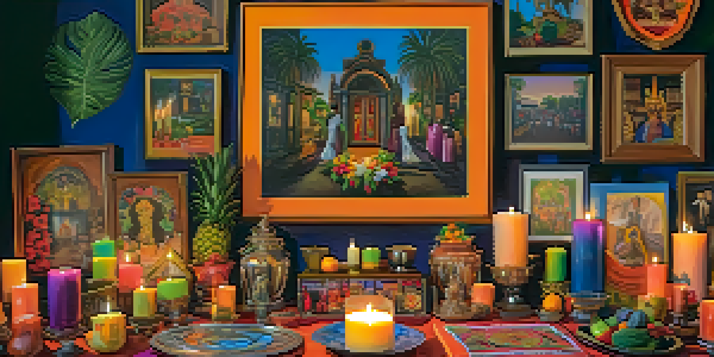 A colorful Voodoo altar in New Orleans decorated with candles, ancestor photos, and offerings.