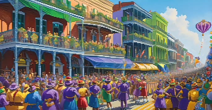 A lively Mardi Gras parade with colorful floats and enthusiastic crowds wearing masks and costumes, set against the backdrop of New Orleans.