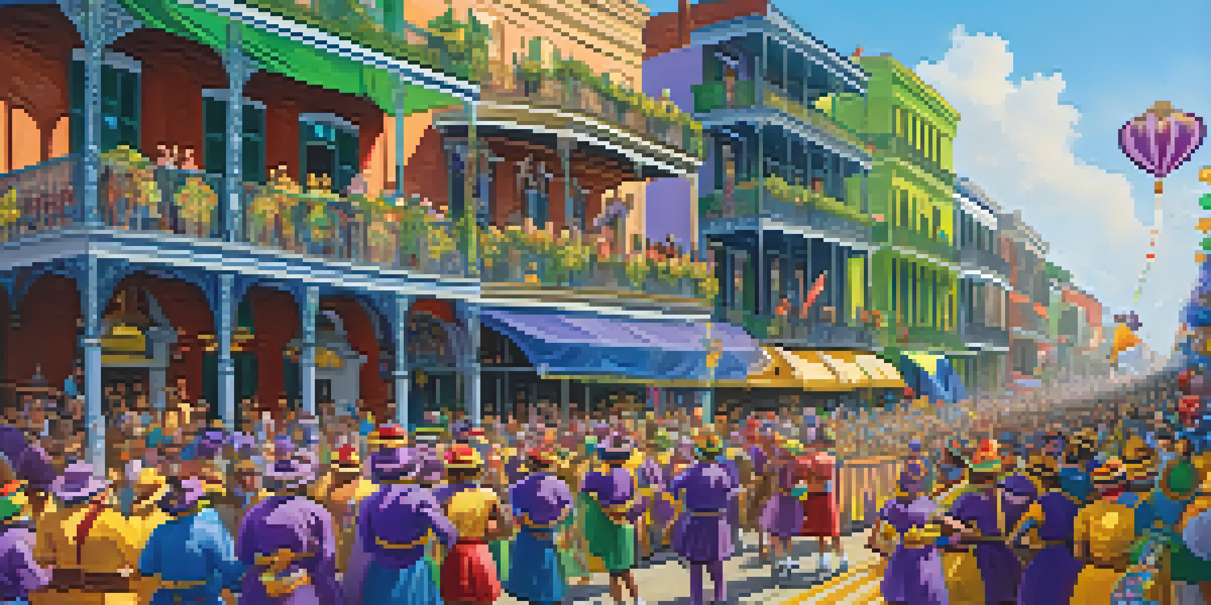 A lively Mardi Gras parade with colorful floats and enthusiastic crowds wearing masks and costumes, set against the backdrop of New Orleans.