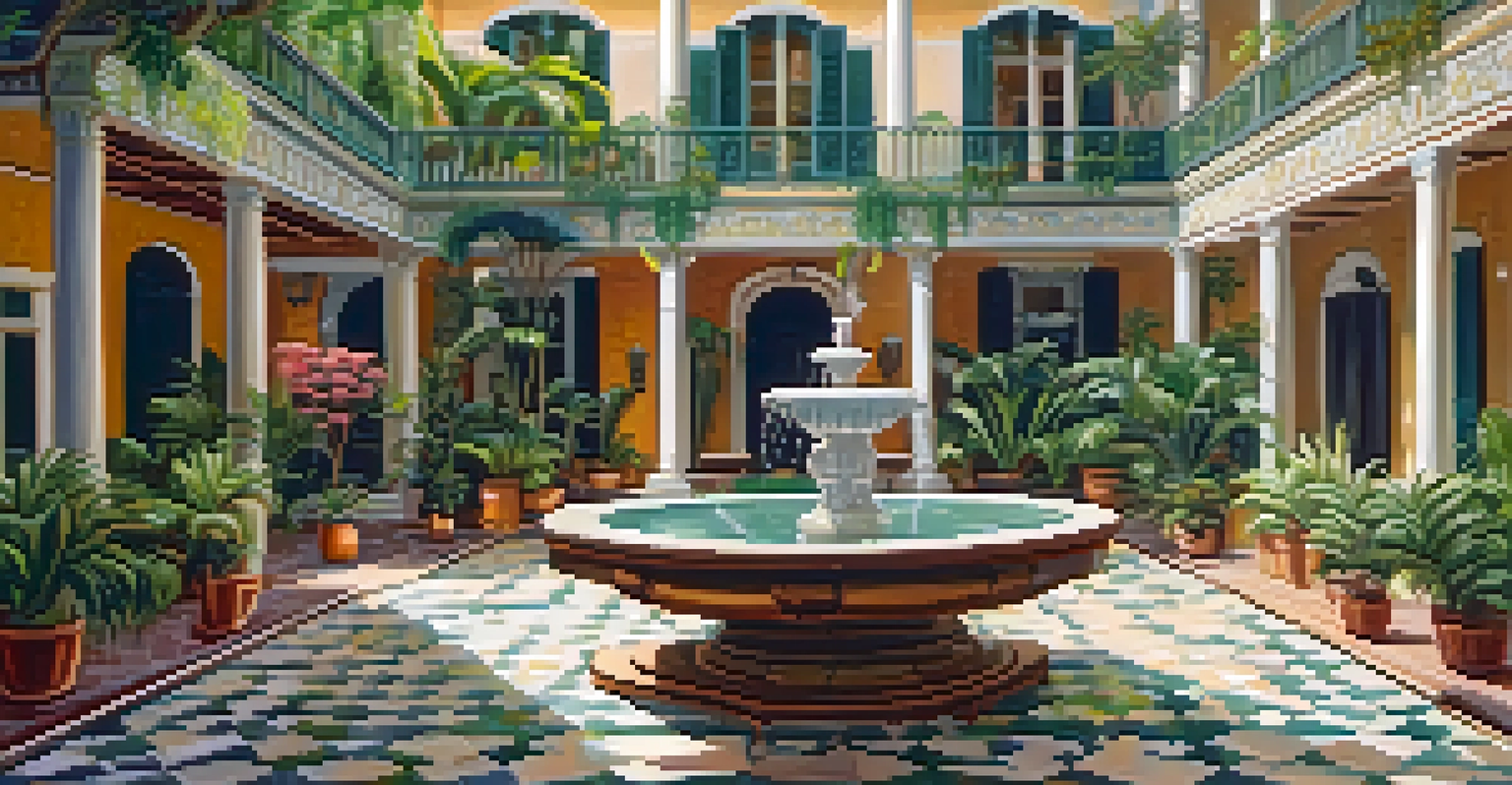 A serene courtyard of a grand mansion in New Orleans with a fountain, surrounded by tropical plants and vintage furniture.