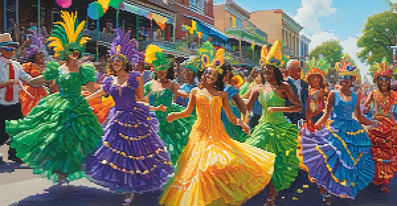 A joyful group of friends in colorful Mardi Gras costumes and masks dancing in the streets during the celebration.