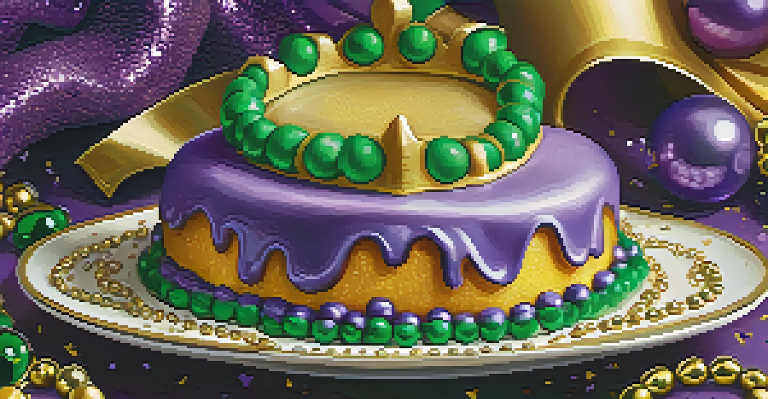 A close-up of a colorful King Cake with icing and a hidden figurine, surrounded by Mardi Gras beads and confetti.