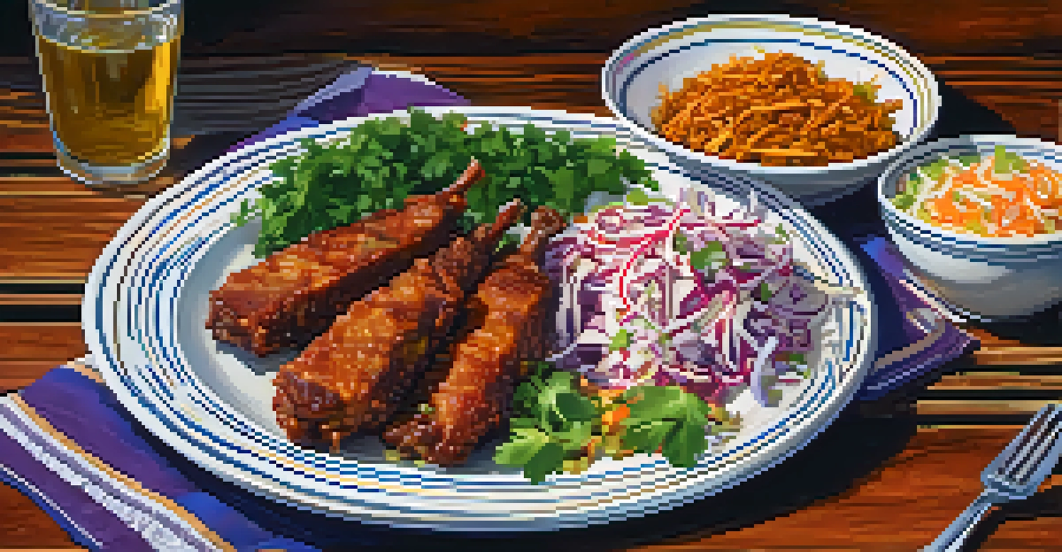 A close-up view of a plate of Haitian griot with spicy slaw, beautifully presented on a rustic table.