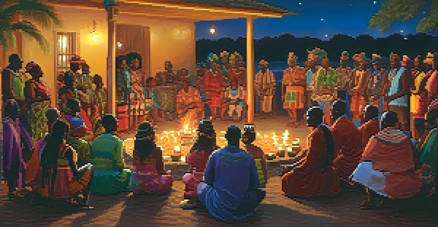 A lively Voodoo ceremony with people in traditional clothing dancing and celebrating under candlelight.