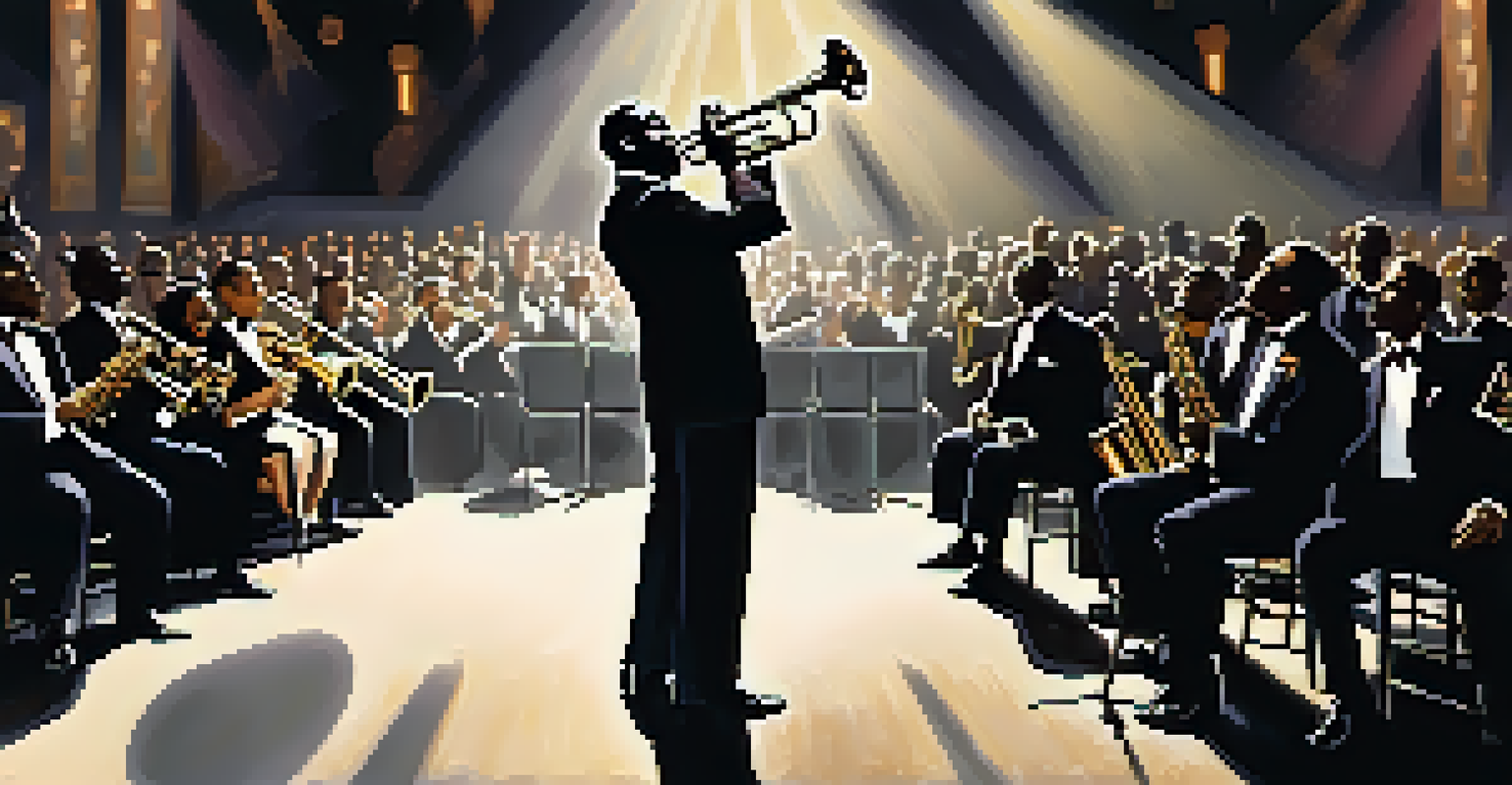 Louis Armstrong performing on stage in the 1920s, wearing a tuxedo and holding a trumpet, with an engaged audience in a jazz club.