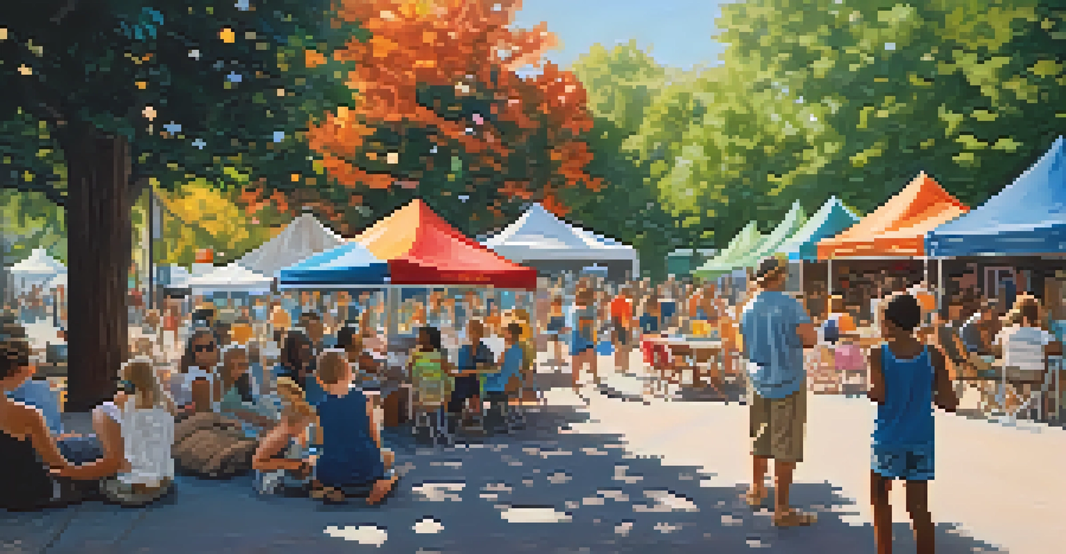 A family participating in arts and crafts at a lively festival, with children creating art inspired by jazz music.
