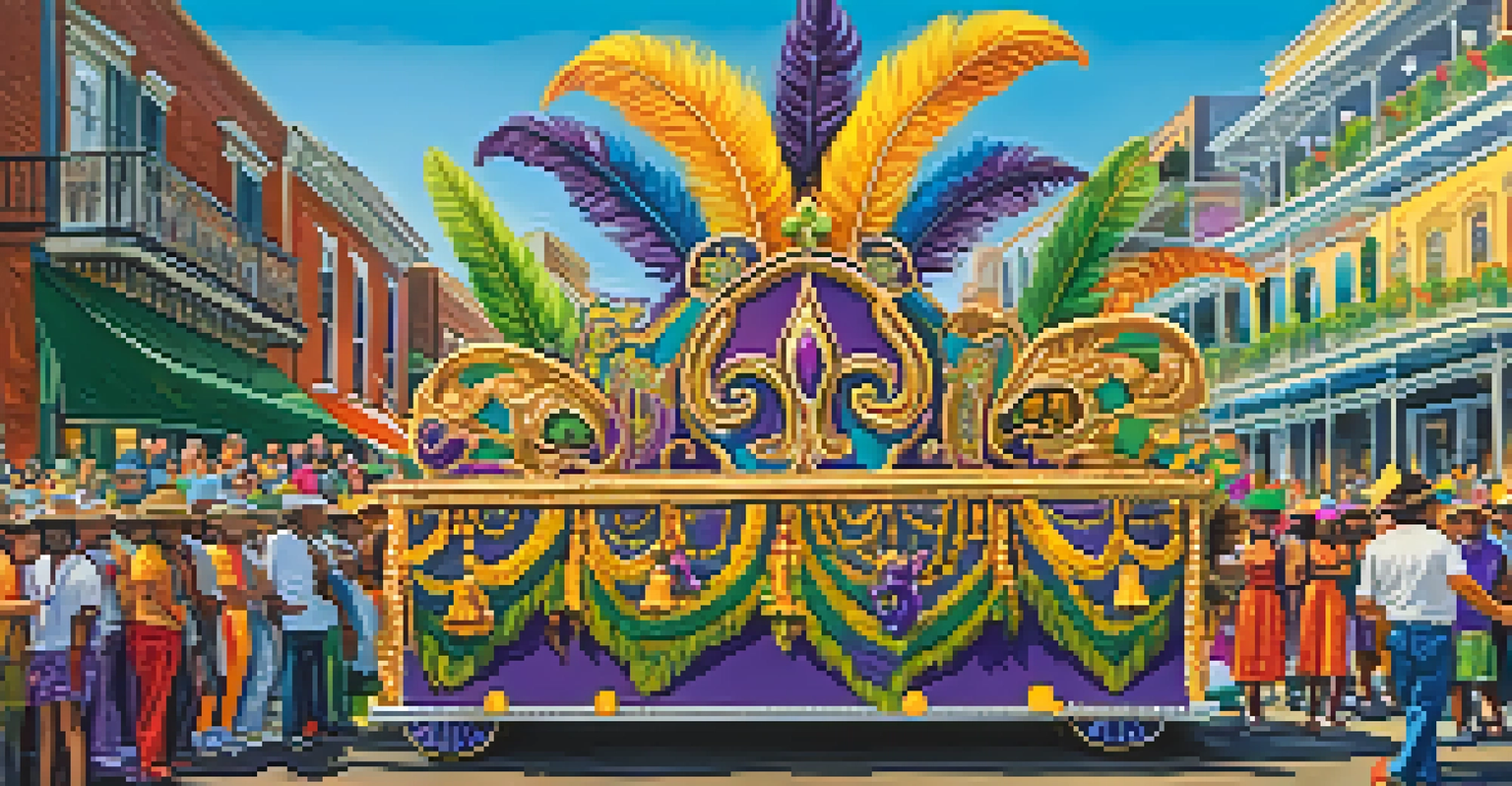 A detailed view of a Mardi Gras float, showcasing colorful decorations and festive elements.