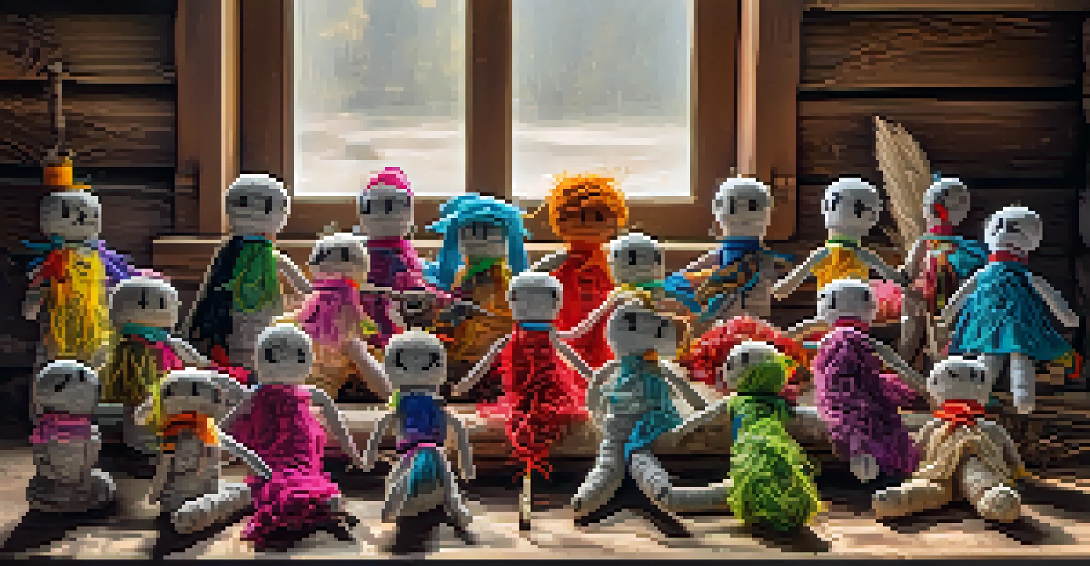 Voodoo dolls with colorful decorations displayed on a wooden table, illuminated by natural light.