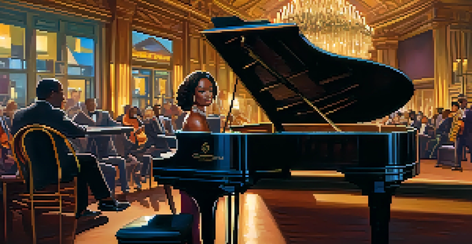 A female pianist performing in a colorful jazz club with an audience enjoying the music.