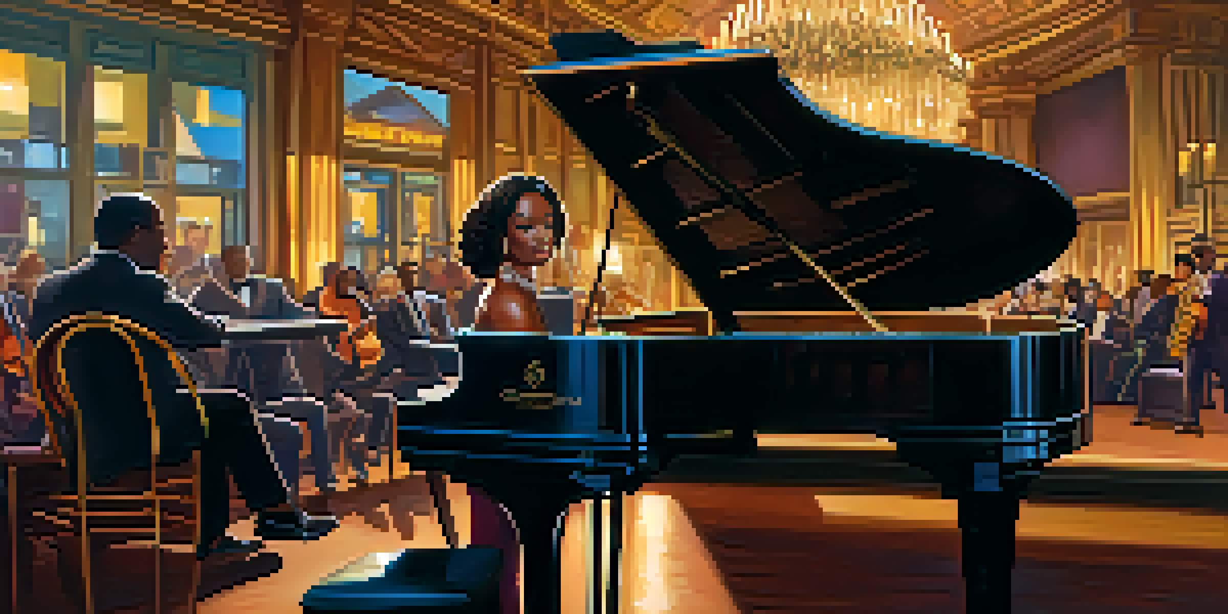 A female pianist performing in a colorful jazz club with an audience enjoying the music.