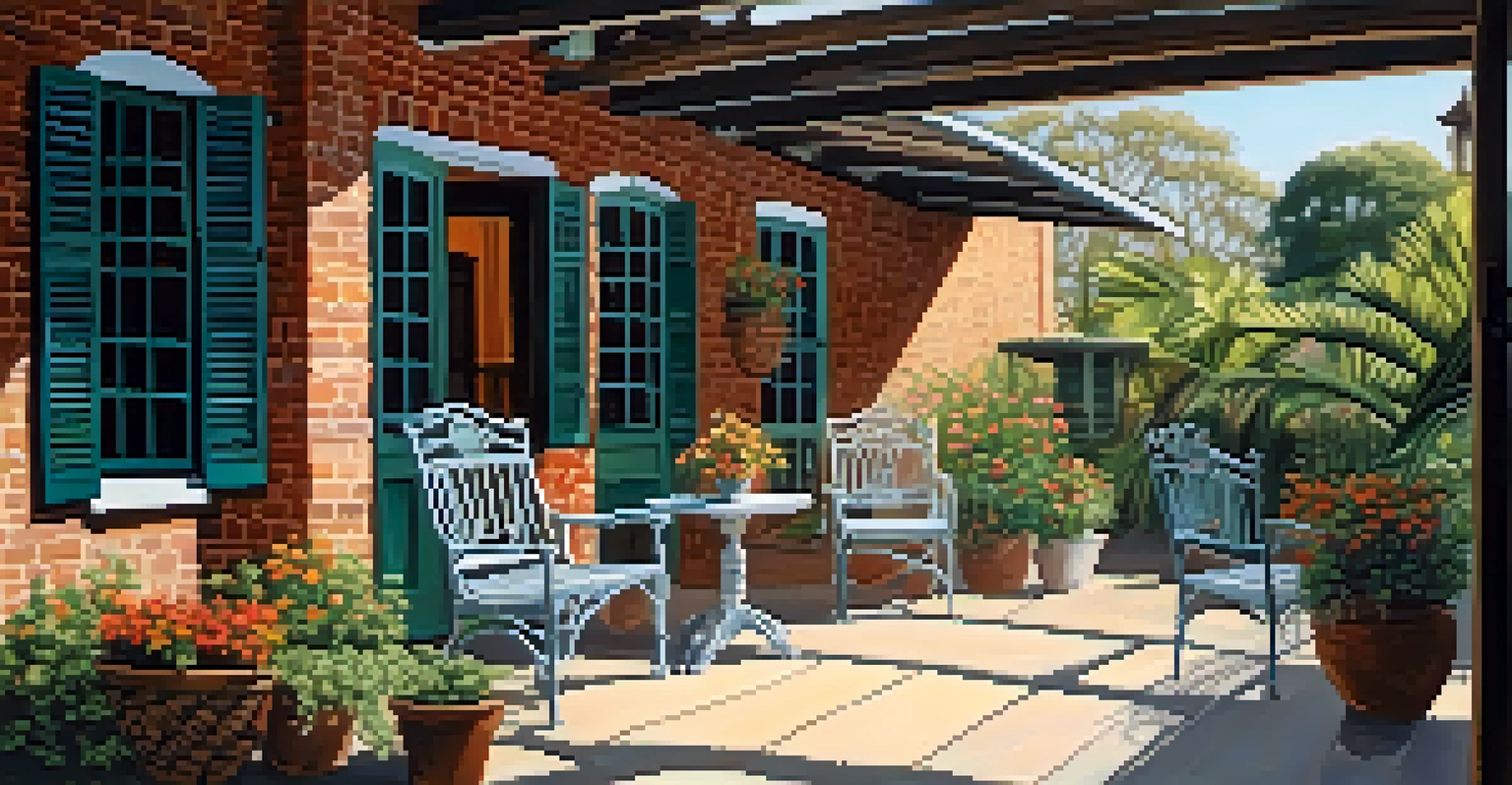 A charming courtyard of a Creole home filled with flowers and plants, showcasing the architectural details and inviting seating.