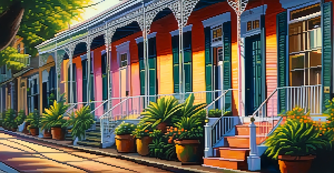 A street view of colorful shotgun houses in New Orleans, bathed in sunset light with greenery and wrought-iron balconies.