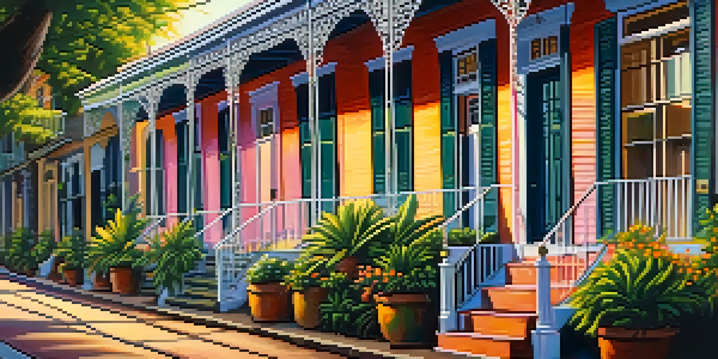 A street view of colorful shotgun houses in New Orleans, bathed in sunset light with greenery and wrought-iron balconies.