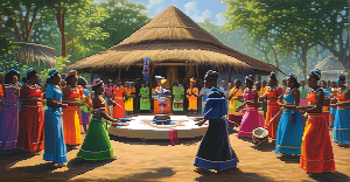 A group of Voodoo practitioners in colorful attire dancing around an altar in a lush outdoor setting.