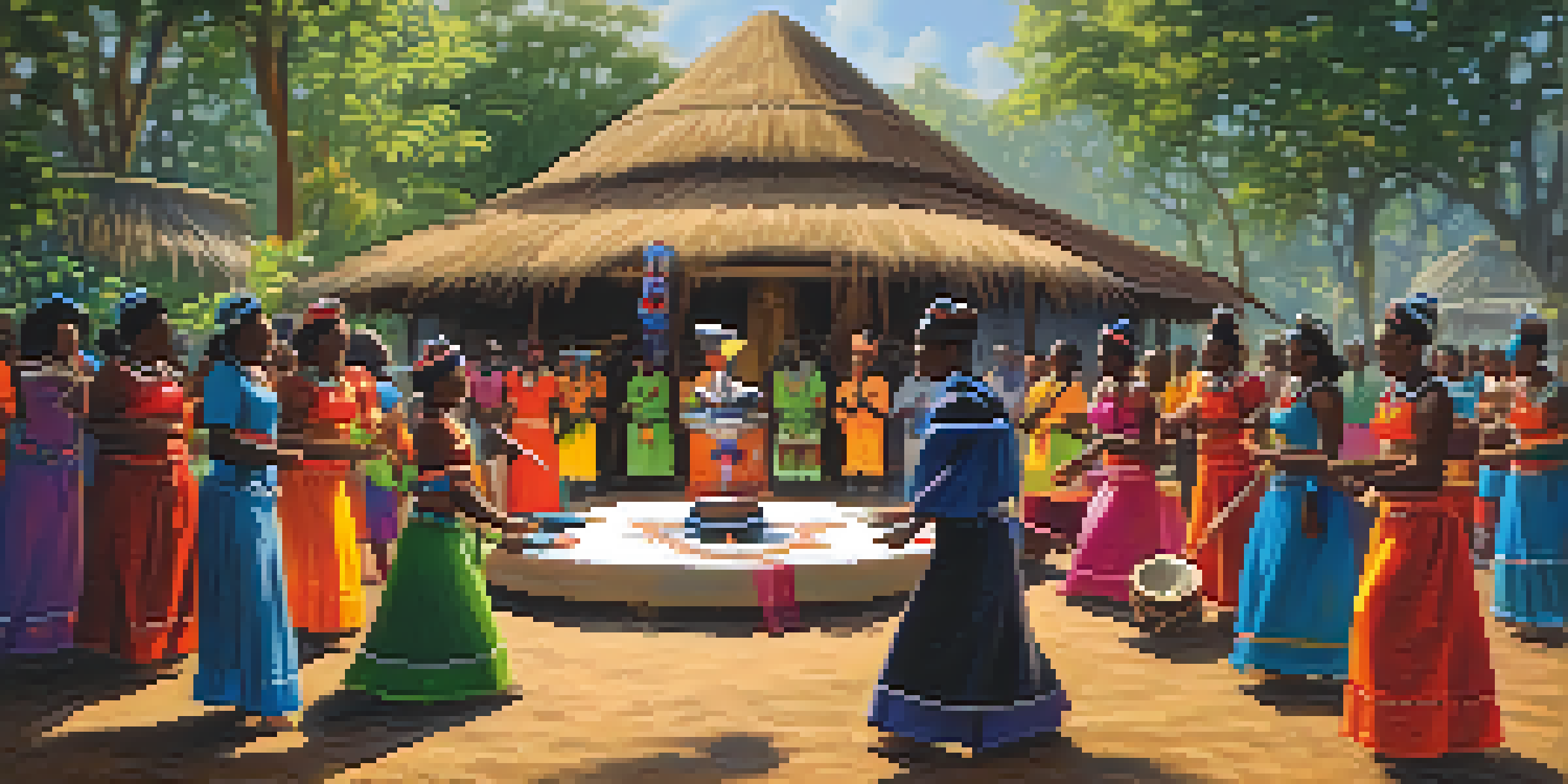 A group of Voodoo practitioners in colorful attire dancing around an altar in a lush outdoor setting.