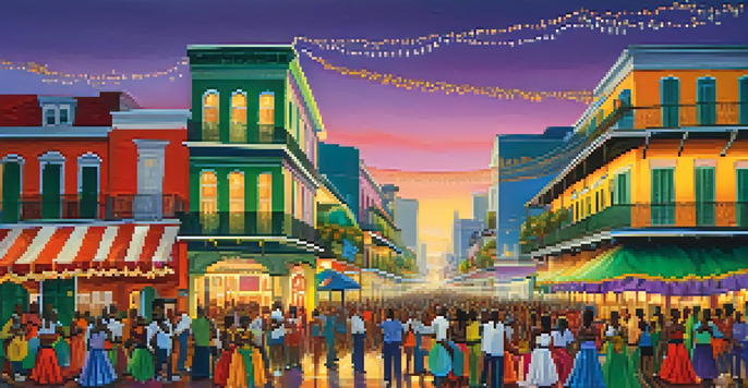 A lively Mardi Gras festival in New Orleans, featuring colorful floats and musicians playing traditional Haitian instruments amidst a festive crowd.