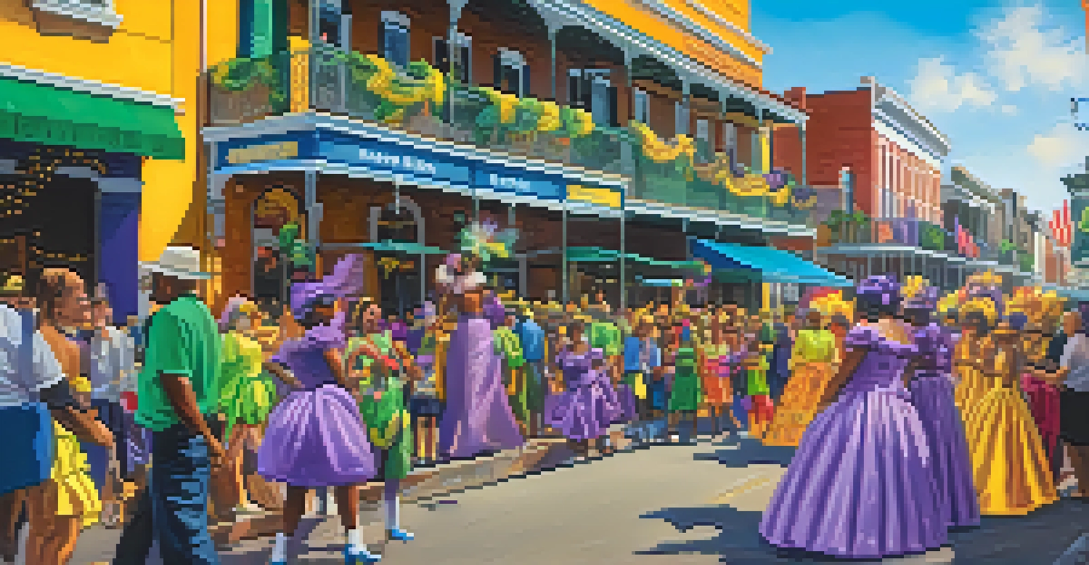A lively Mardi Gras street scene in New Orleans, filled with colorful floats, people dressed in costumes, and food vendors.