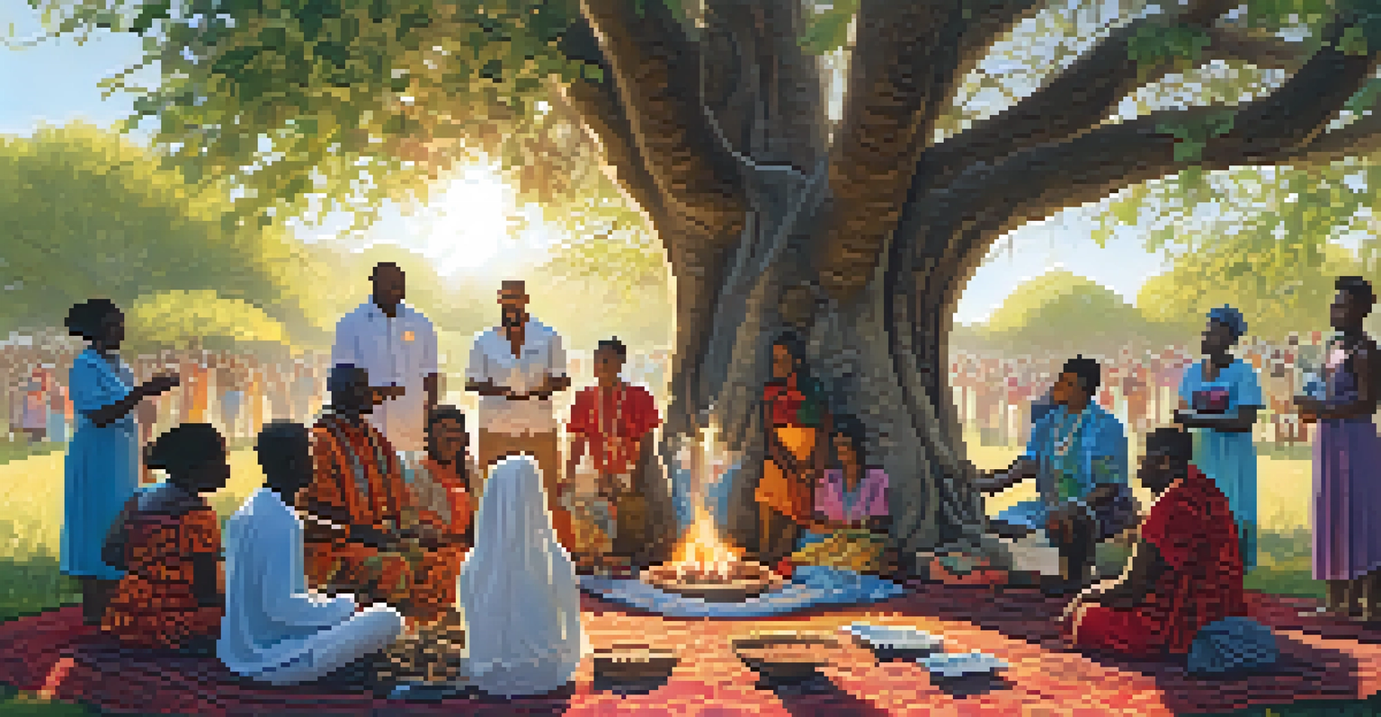 A diverse group of individuals participating in a Voodoo healing ceremony under a large tree.