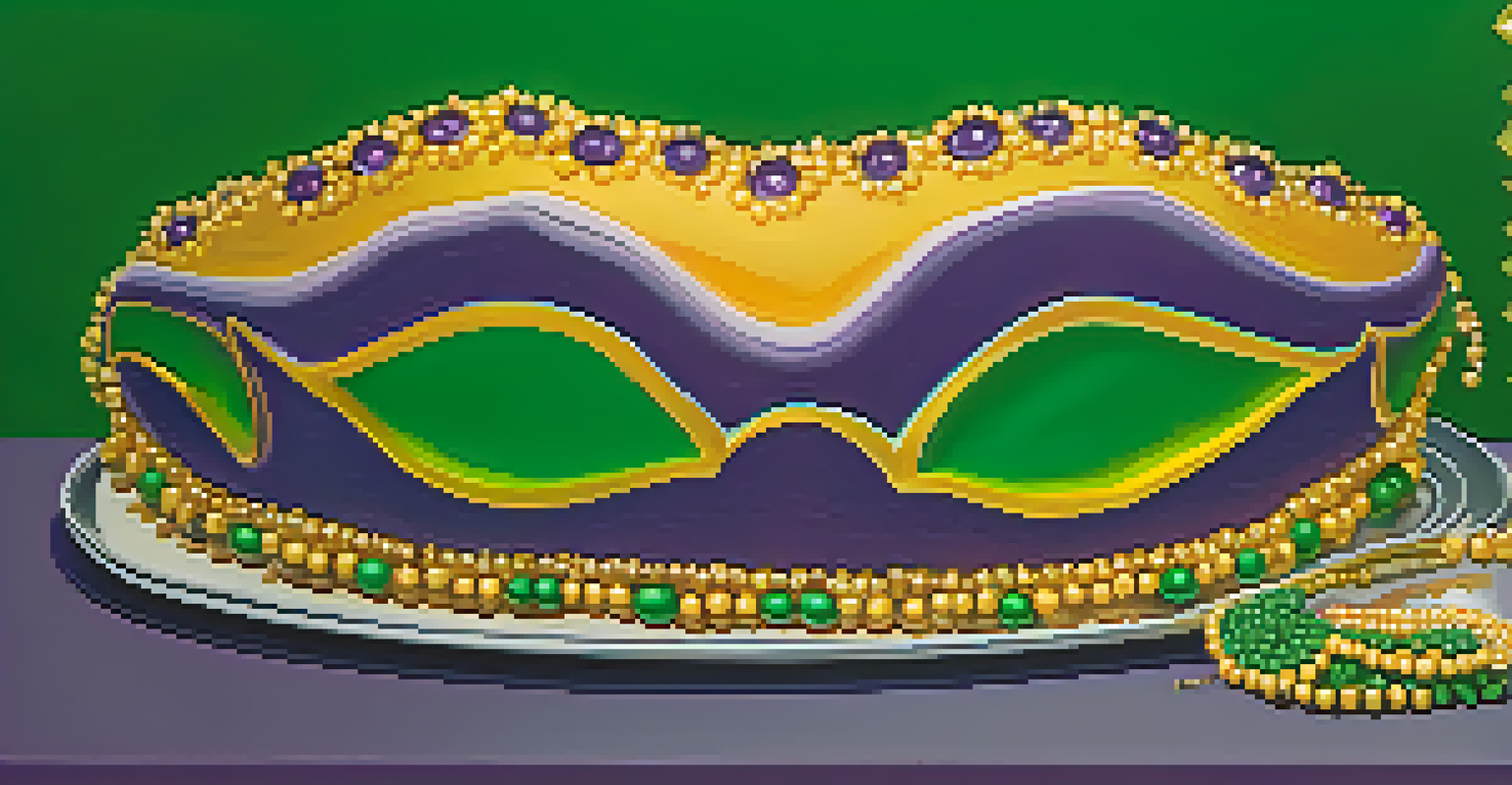 A close-up of a colorful king cake with icing and a hidden figurine, surrounded by Mardi Gras beads and masks on a festive table.