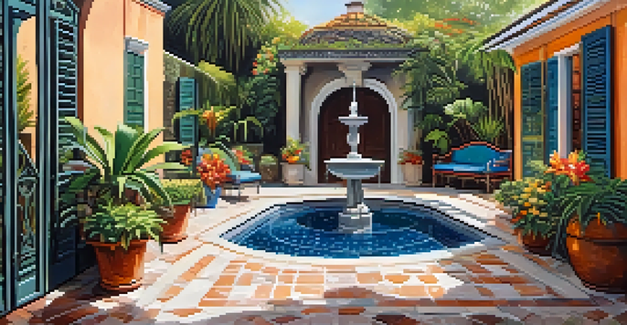 A peaceful courtyard in New Orleans, showcasing a tiled patio, tropical plants, a wrought iron gate, and a fountain surrounded by colorful flowers.