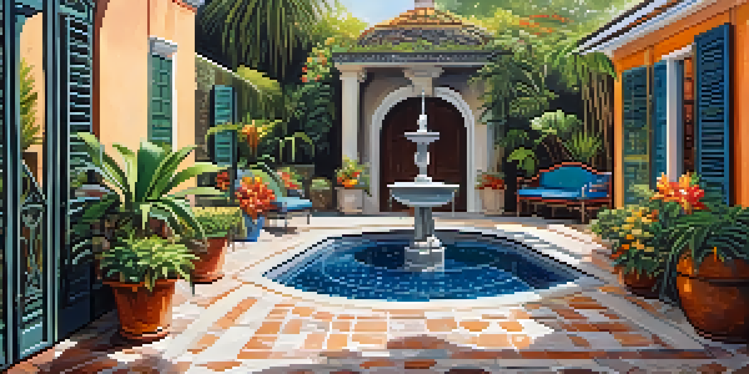 A peaceful courtyard in New Orleans, showcasing a tiled patio, tropical plants, a wrought iron gate, and a fountain surrounded by colorful flowers.