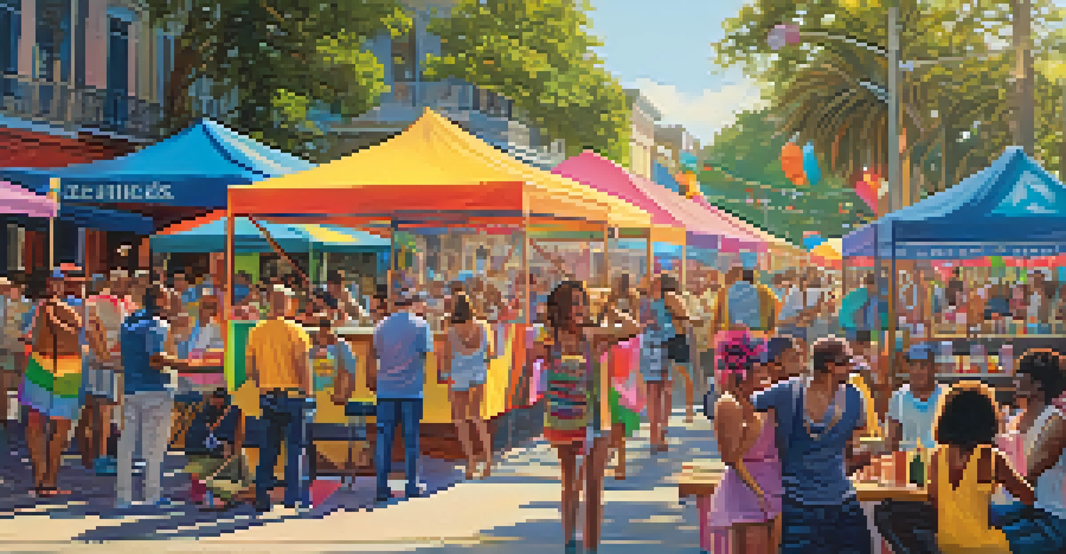 A bustling Pride Festival in New Orleans with artists displaying their work at colorful booths, surrounded by food and music in a festive outdoor environment.
