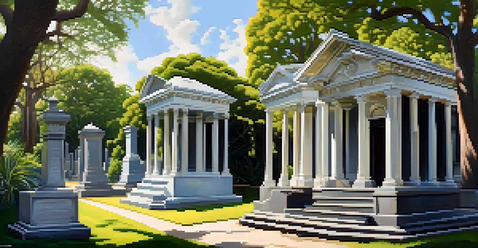 A tranquil view of Lafayette Cemetery No. 1 featuring above-ground tombs and lush greenery with soft sunlight filtering through the trees.