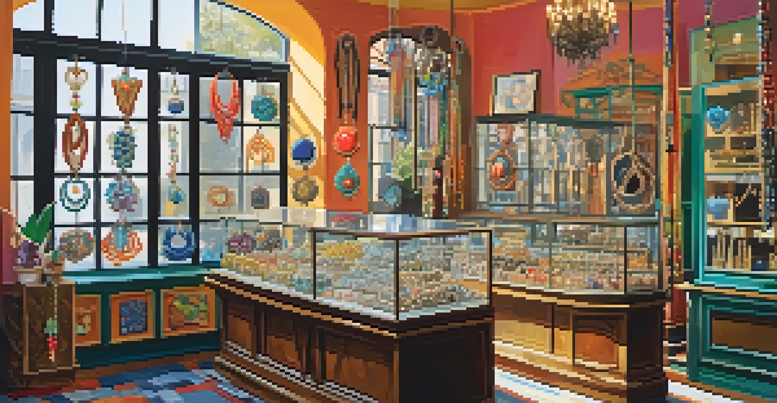 A display of colorful handmade jewelry in a boutique, showcasing vibrant beads and artistic decor.