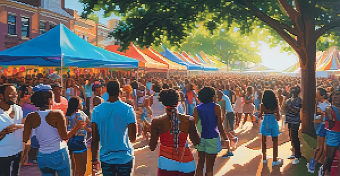 A lively crowd at the Essence Festival enjoying live music, with a colorful stage and warm sunlight filtering through trees.