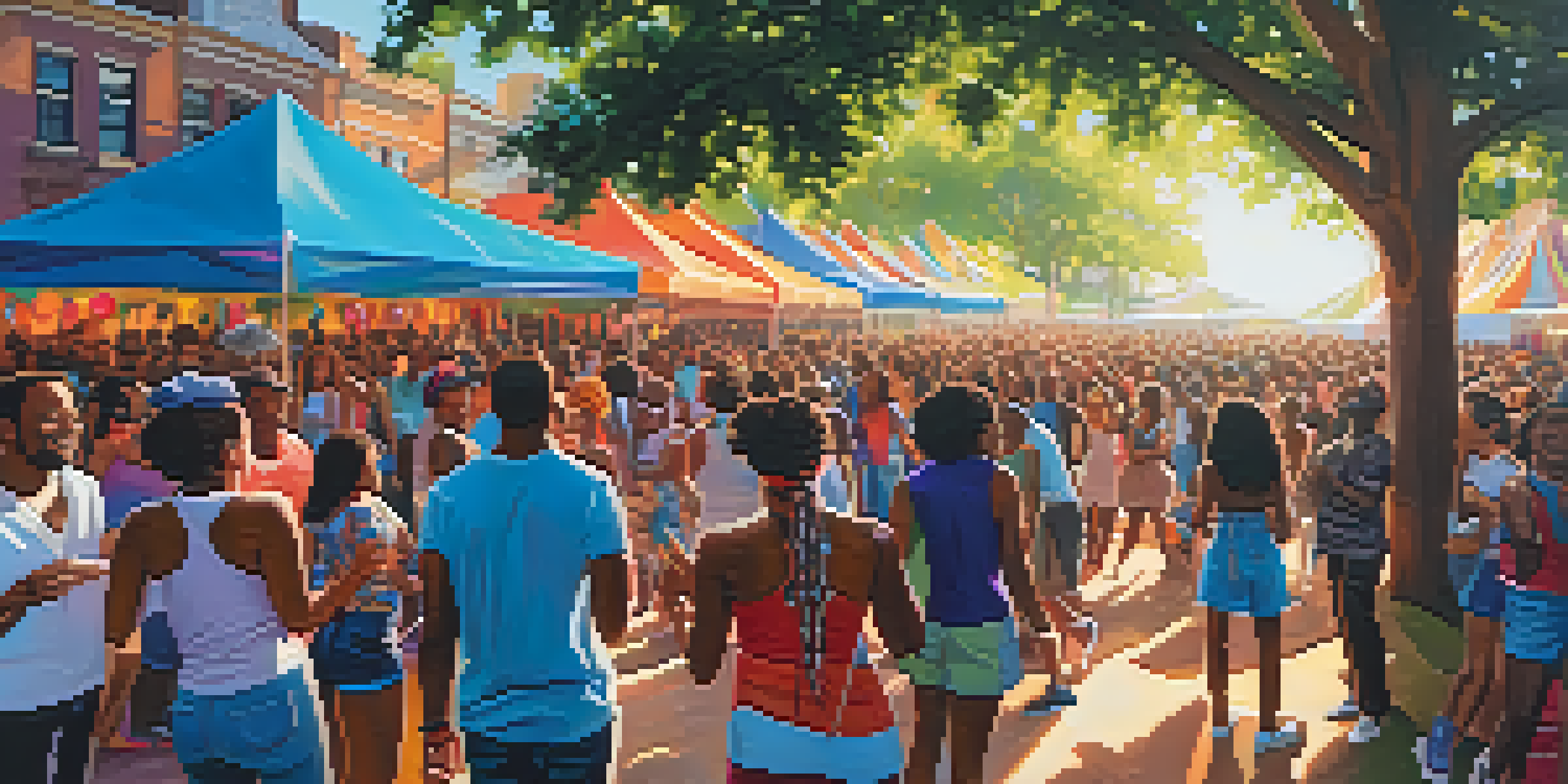 A lively crowd at the Essence Festival enjoying live music, with a colorful stage and warm sunlight filtering through trees.