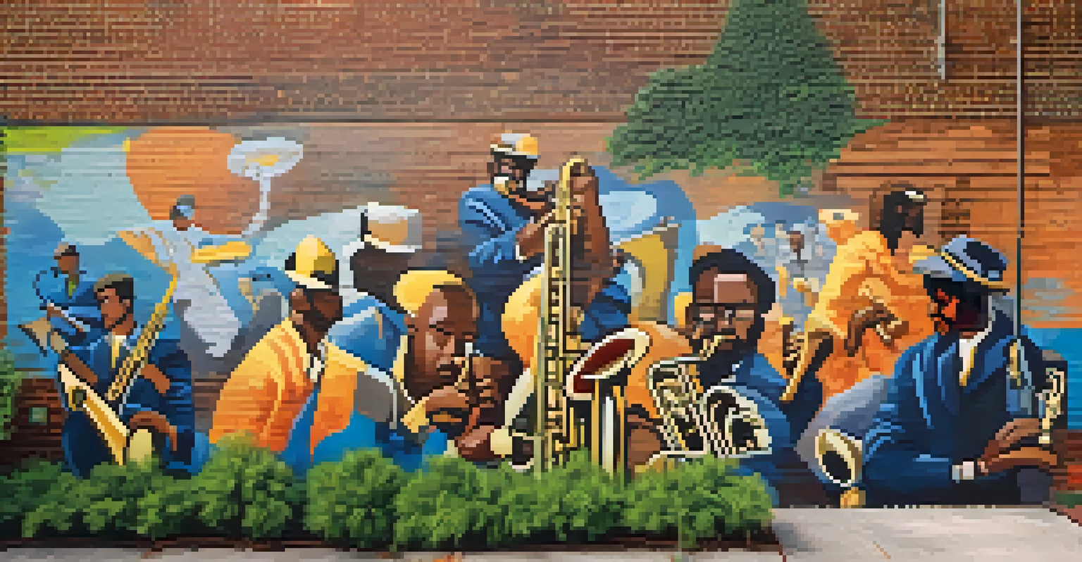 A colorful mural showcasing the history of jazz in New Orleans with musicians and instruments, set against a brick wall with surrounding greenery.