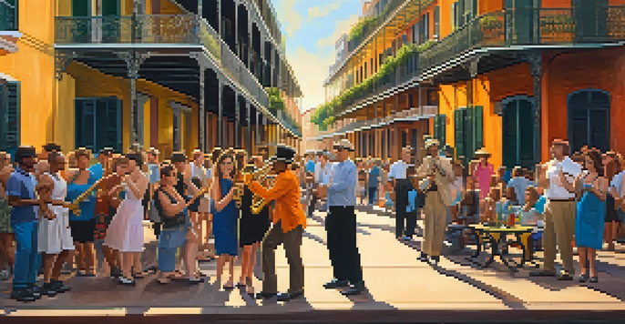 A street performer playing a saxophone in the French Quarter, with colorful buildings and an enthusiastic crowd.