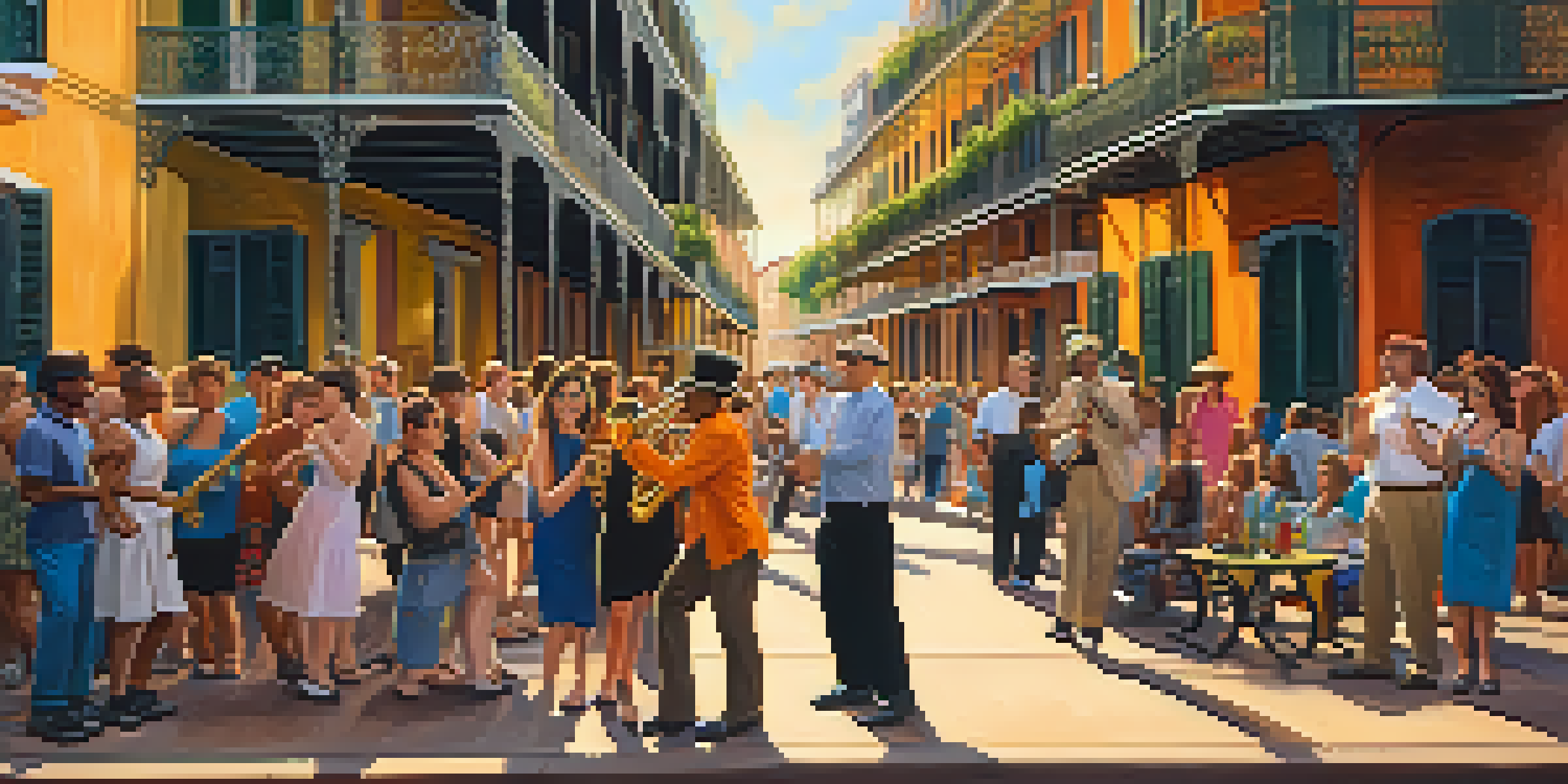 A street performer playing a saxophone in the French Quarter, with colorful buildings and an enthusiastic crowd.