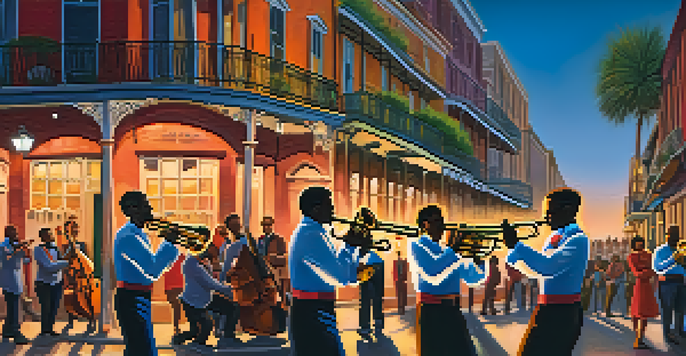 A lively New Orleans jazz band performing on a street corner at sunset, with musicians and a dancing crowd.
