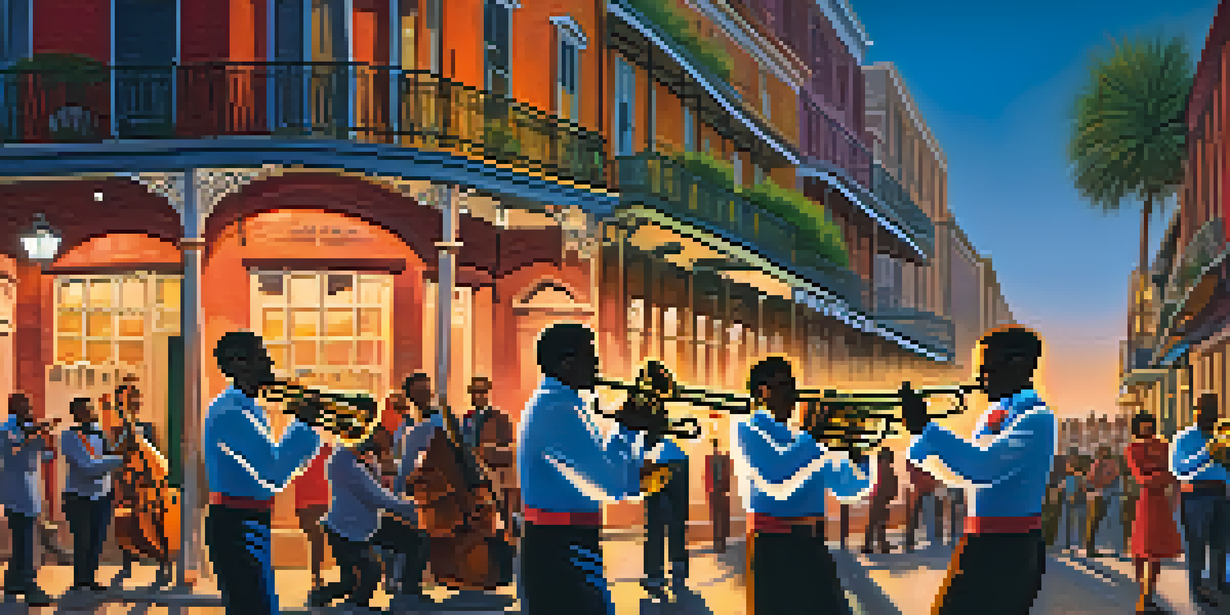 A lively New Orleans jazz band performing on a street corner at sunset, with musicians and a dancing crowd.