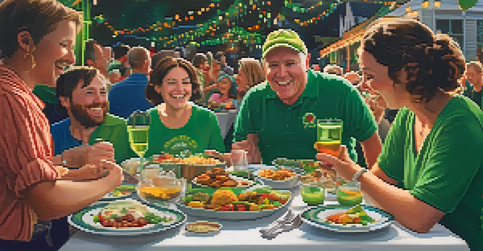 A family gathering during an Irish festival with a table of traditional dishes and children sharing stories under soft lighting.