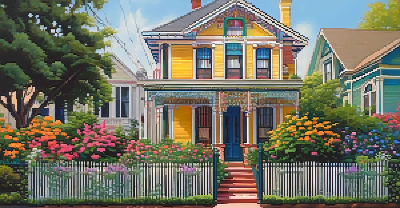 A detailed view of a Victorian cottage with colorful facade, intricate trim, and a vibrant flower garden.