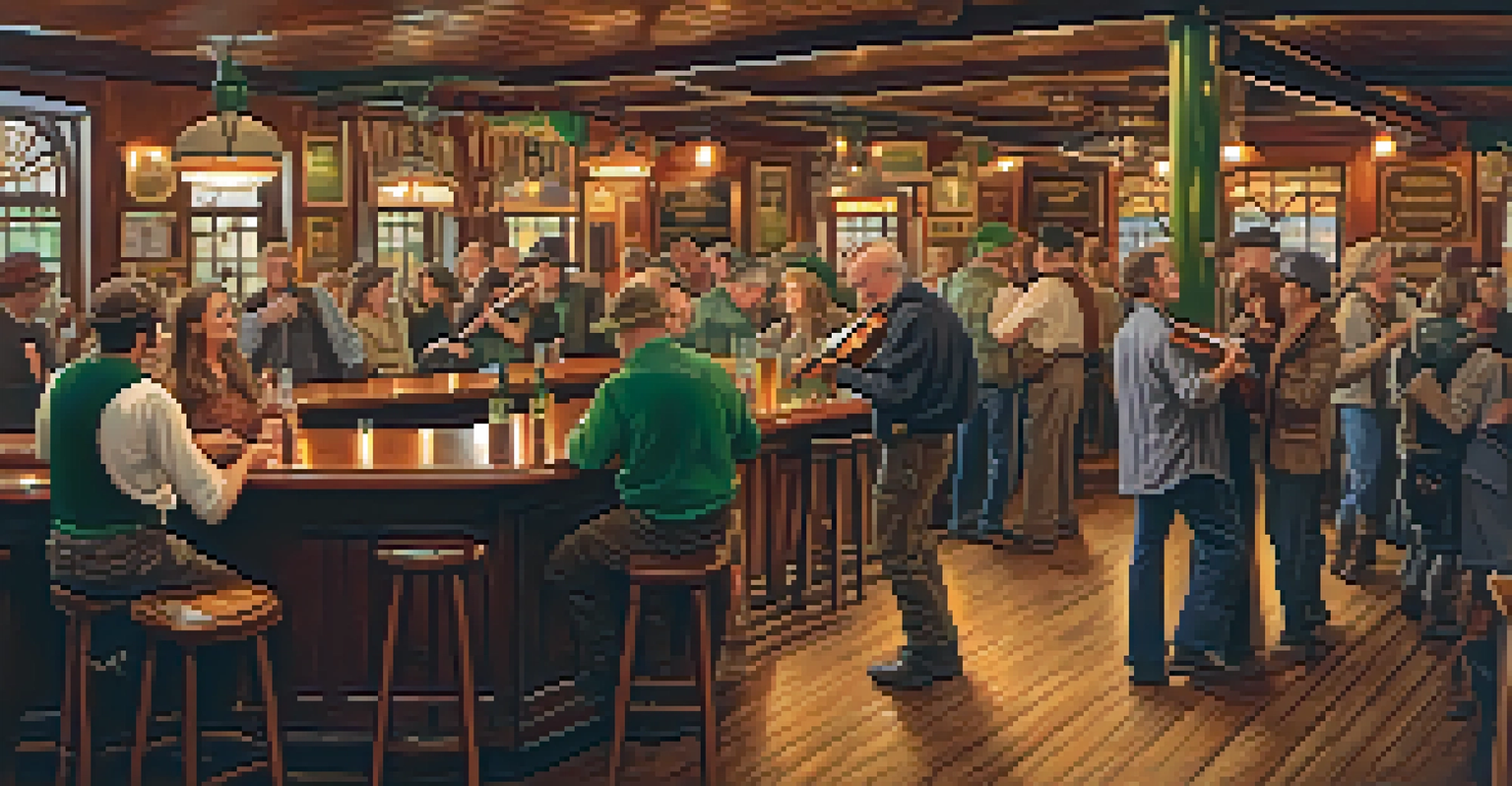 An inviting Irish pub scene with patrons enjoying traditional food and a musician playing a jig, set in warm lighting.