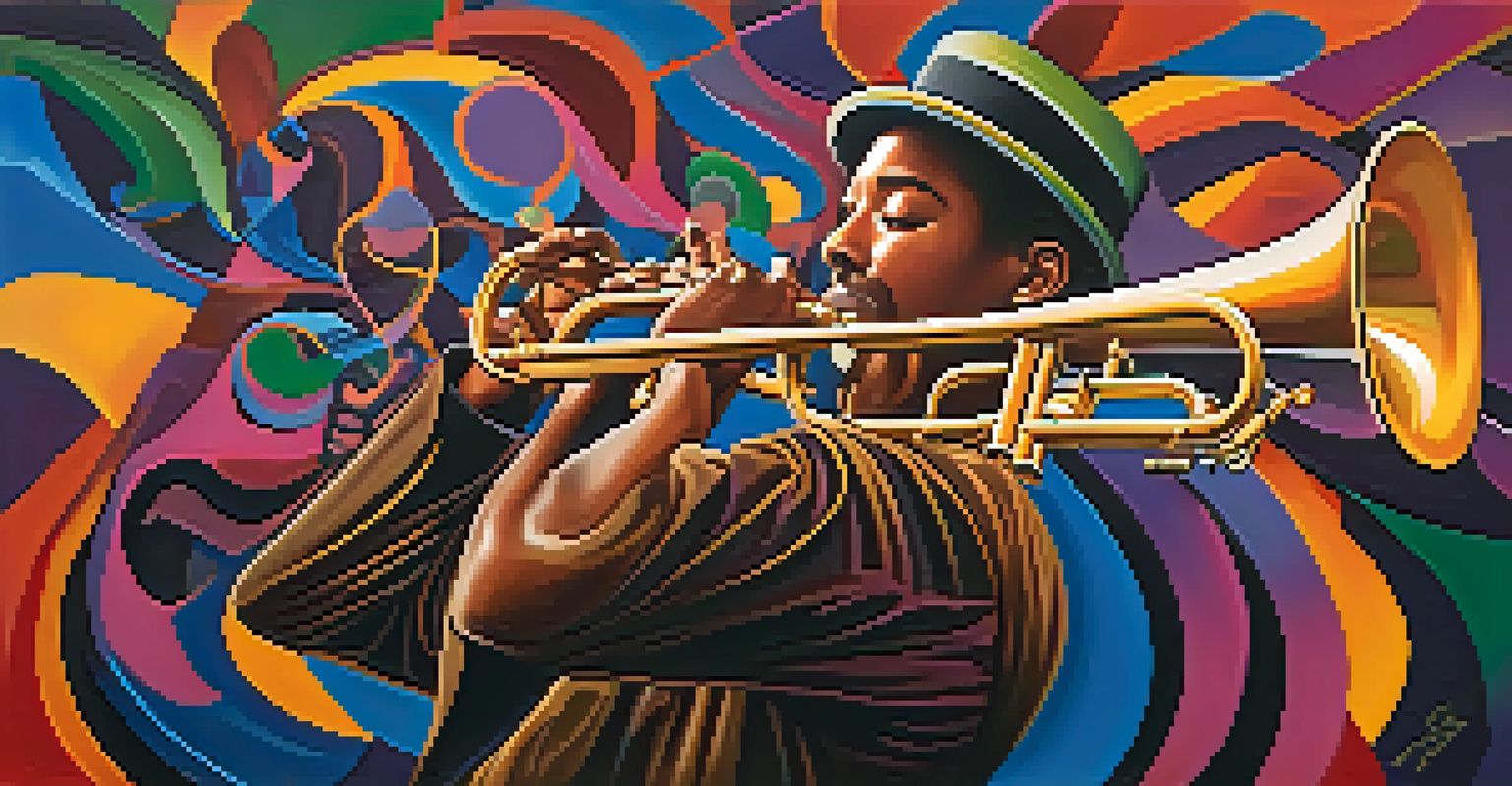 An abstract image of a jazz musician with musical notes and vibrant colors inspired by New Orleans culture.