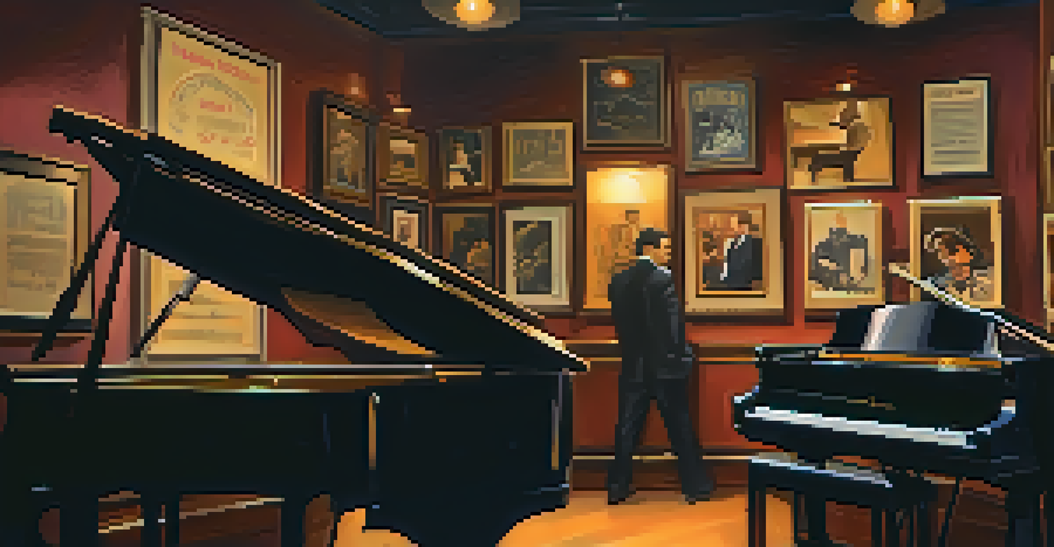 A close-up view of a pianist performing in an intimate jazz club, with warm lighting and an inviting atmosphere.