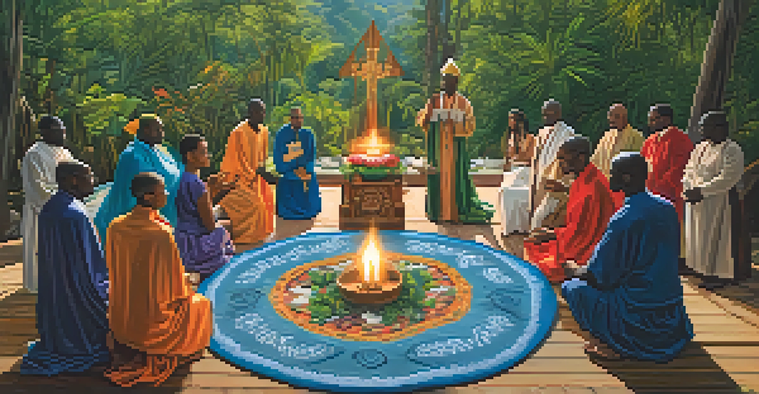 A diverse group of practitioners engaged in a ritual that blends Voodoo and Catholic traditions, surrounded by nature and colorful offerings.