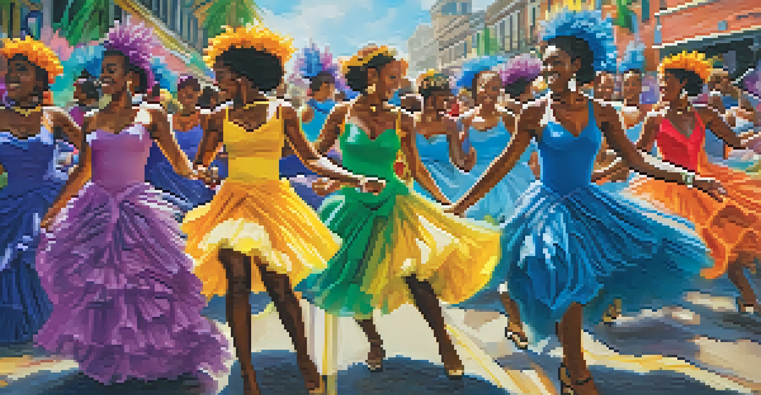 Close-up of dancers performing the second line dance in colorful costumes, with a blurred parade in the background, capturing the joy of Mardi Gras.