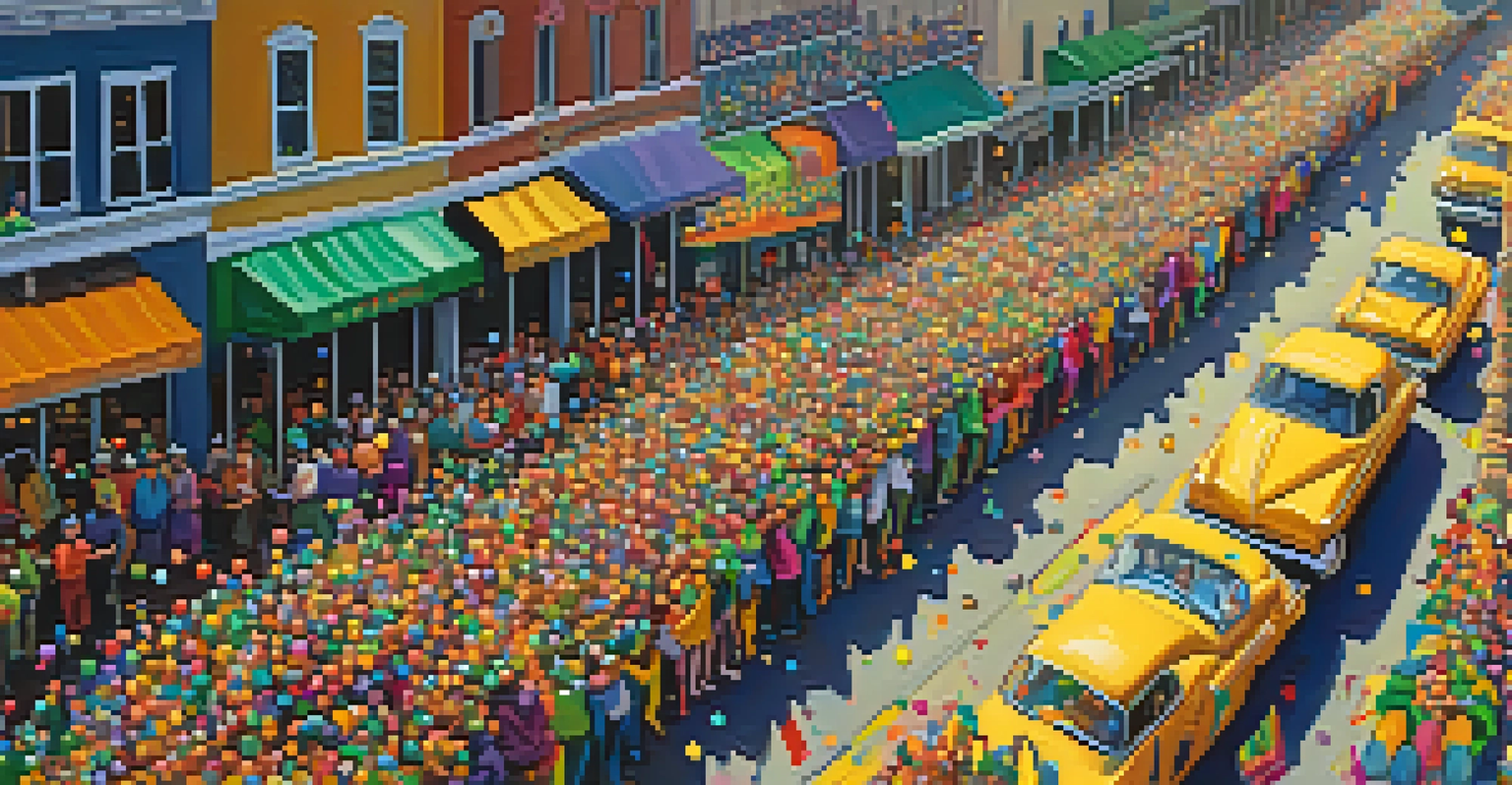 An overhead view of a Mardi Gras parade with decorated floats and colorful spectators enjoying the festivities.