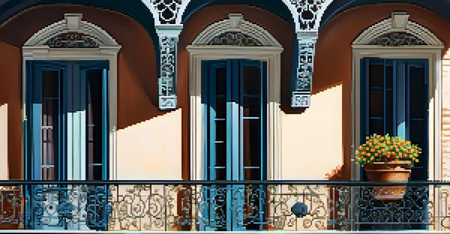 Detailed ironwork on a balcony in the French Quarter of New Orleans, with sunlight highlighting intricate patterns and potted flowers.